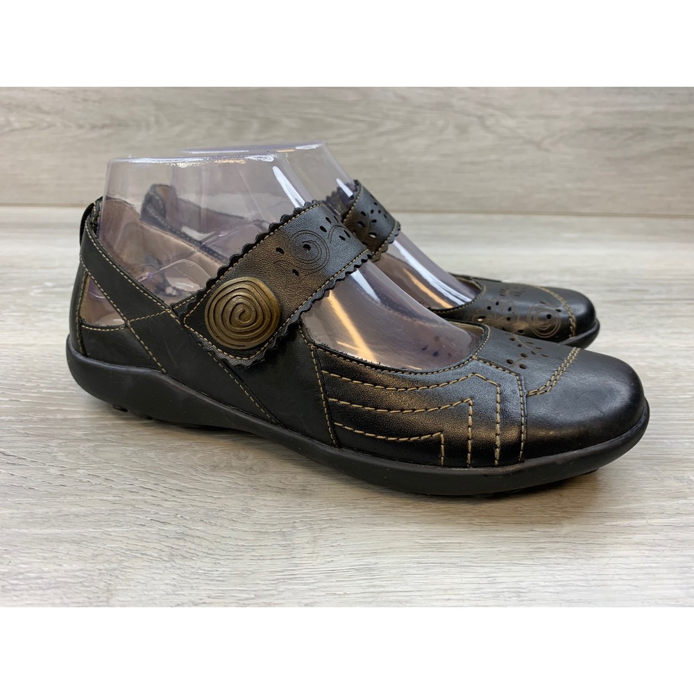 Rieker Women's Black Leather Perforated Mary Jane Flats Bronze Button Size 5.5
